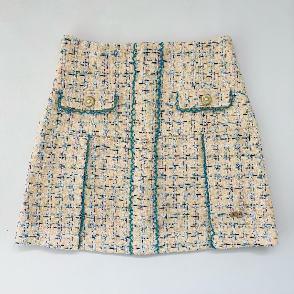 LACEMADE Yellow Tweed Mini Skirt with Teal Trim - Picture 2 of 7